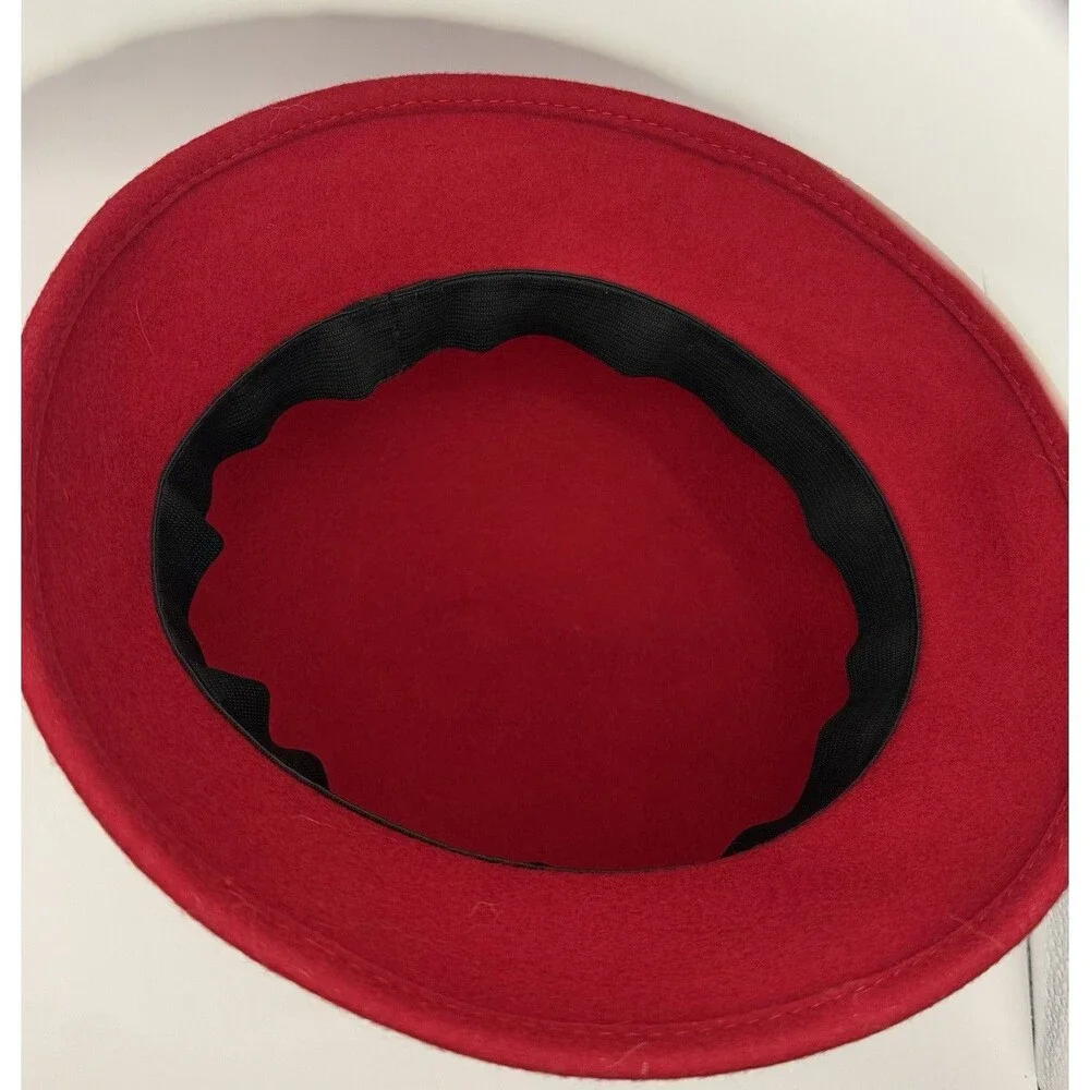 Vintage Red Felt Cloche Hat Womens Navy Ribbon Studded Bow Winter Retro